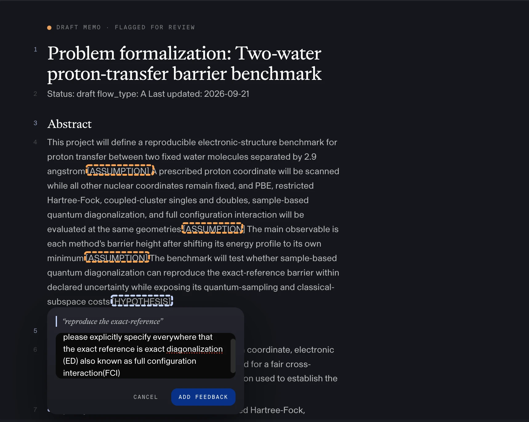 A draft problem-formalization memo flagged for review, with researcher feedback added inline.